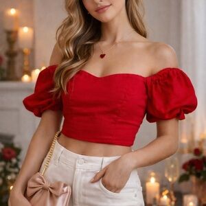 Red Puff Sleeve Linen Crop Top Size L Coquette Ruched Back Romantic Going Out